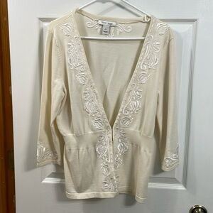 Whit House Black Market cream and white sweater with shimmer beads